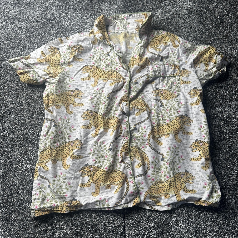 Printfresh Pajama Top Womens L Gray Kimono Animal Print Short Sleeve Cotton